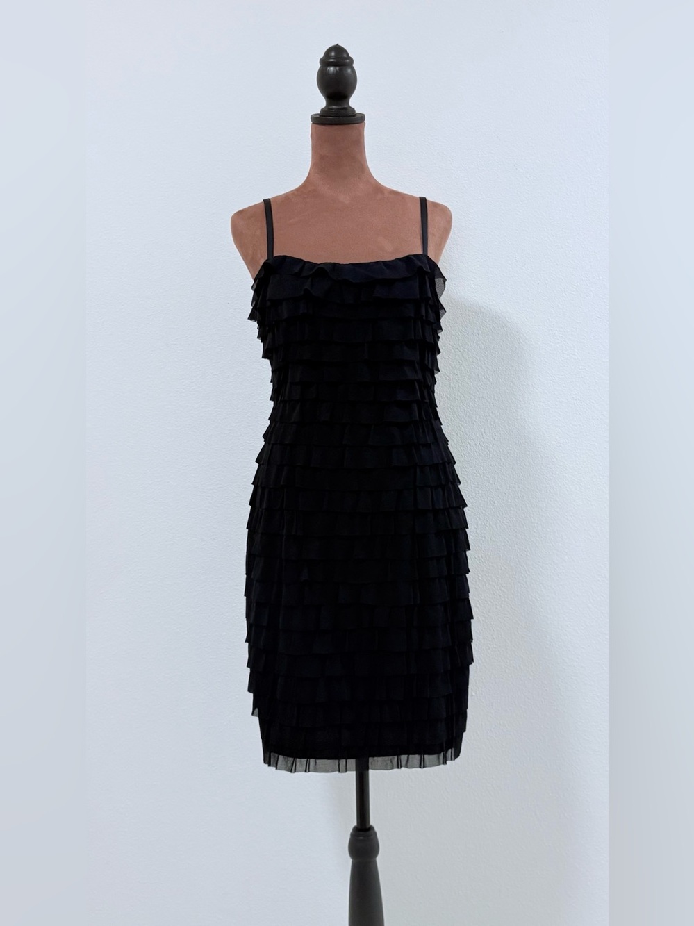 Nine West Black Ruffle Tiered/Ruched Spaghetti-Strap Mini Dress